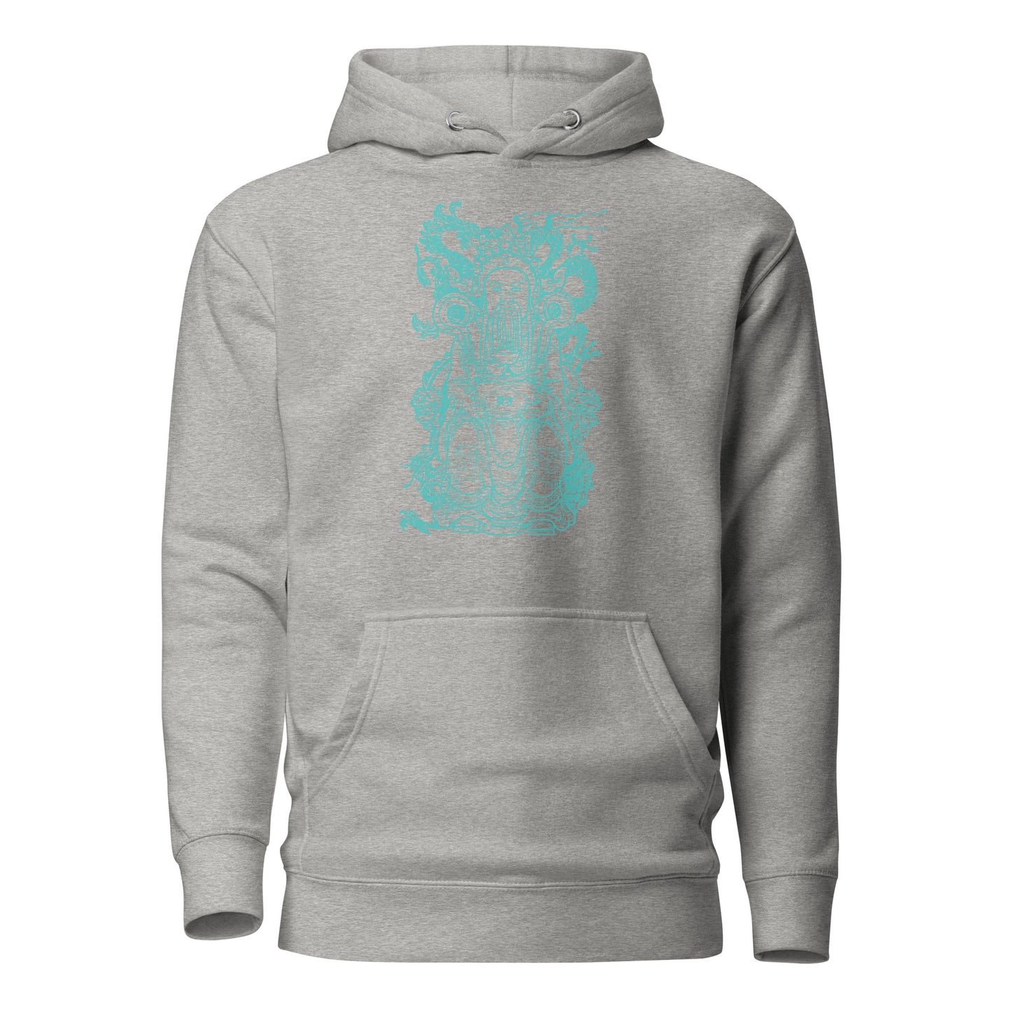 the eastern deity dragon hoodie featuring a glowing aqua design of a serene deity surrounded by a majestic dragon, symbolizing balance, strength, and protection. set against deep black fabric, this intricate hoodie blends mythology-inspired art with soft, durable comfort, making it a bold statement piece.