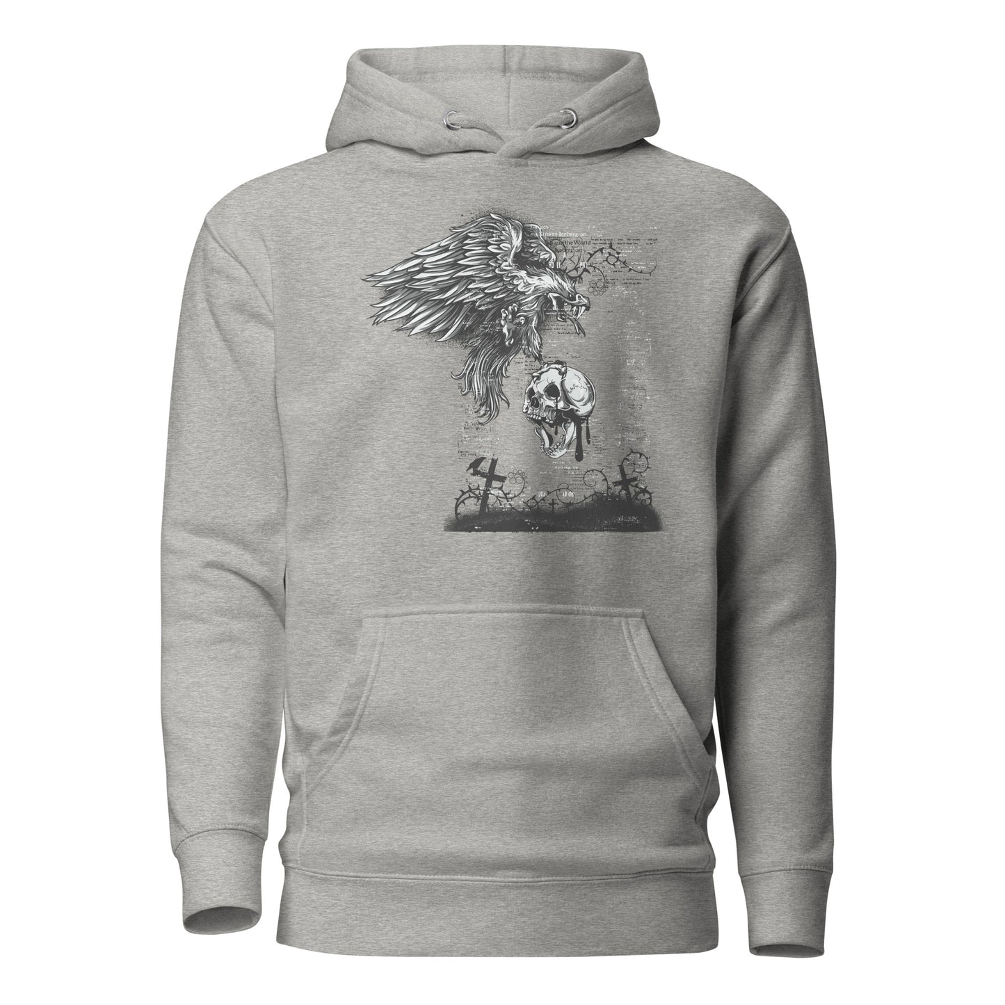 eagle skull death horror unisex hoodie featuring a haunting eagle skull design, intricate artwork, and dark tones, embodying strength, mystique, and individuality with a bold and rebellious style.