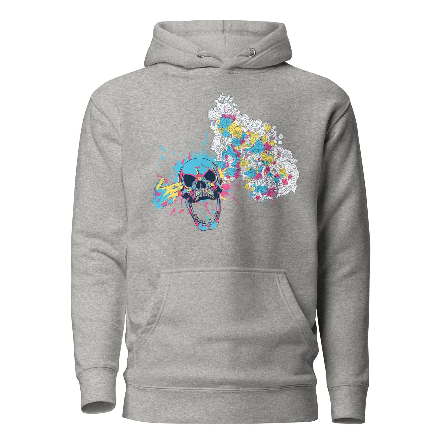 color splash floral skull hoodie featuring a bold skull graphic surrounded by vibrant, colorful flowers, blending edgy design with natural beauty for a unique, eye-catching style.