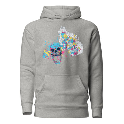 Color Splash Floral Skull Hoodie featuring a bold skull graphic surrounded by vibrant, colorful flowers, blending edgy design with natural beauty for a unique, eye-catching style.