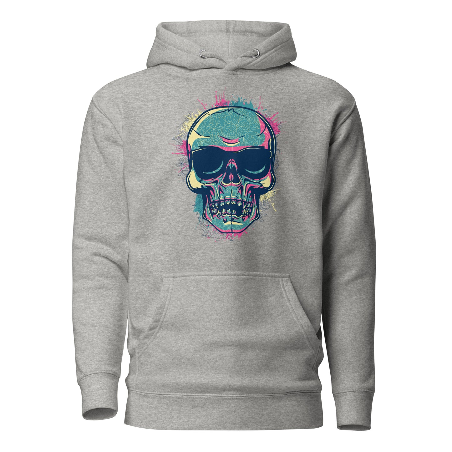 hippie sunglasses skull men’s hoodie featuring a bold skull design with vibrant hippie sunglasses, symbolizing free-spirited individuality and rebellion, crafted for comfort with a spacious hood and front pocket.