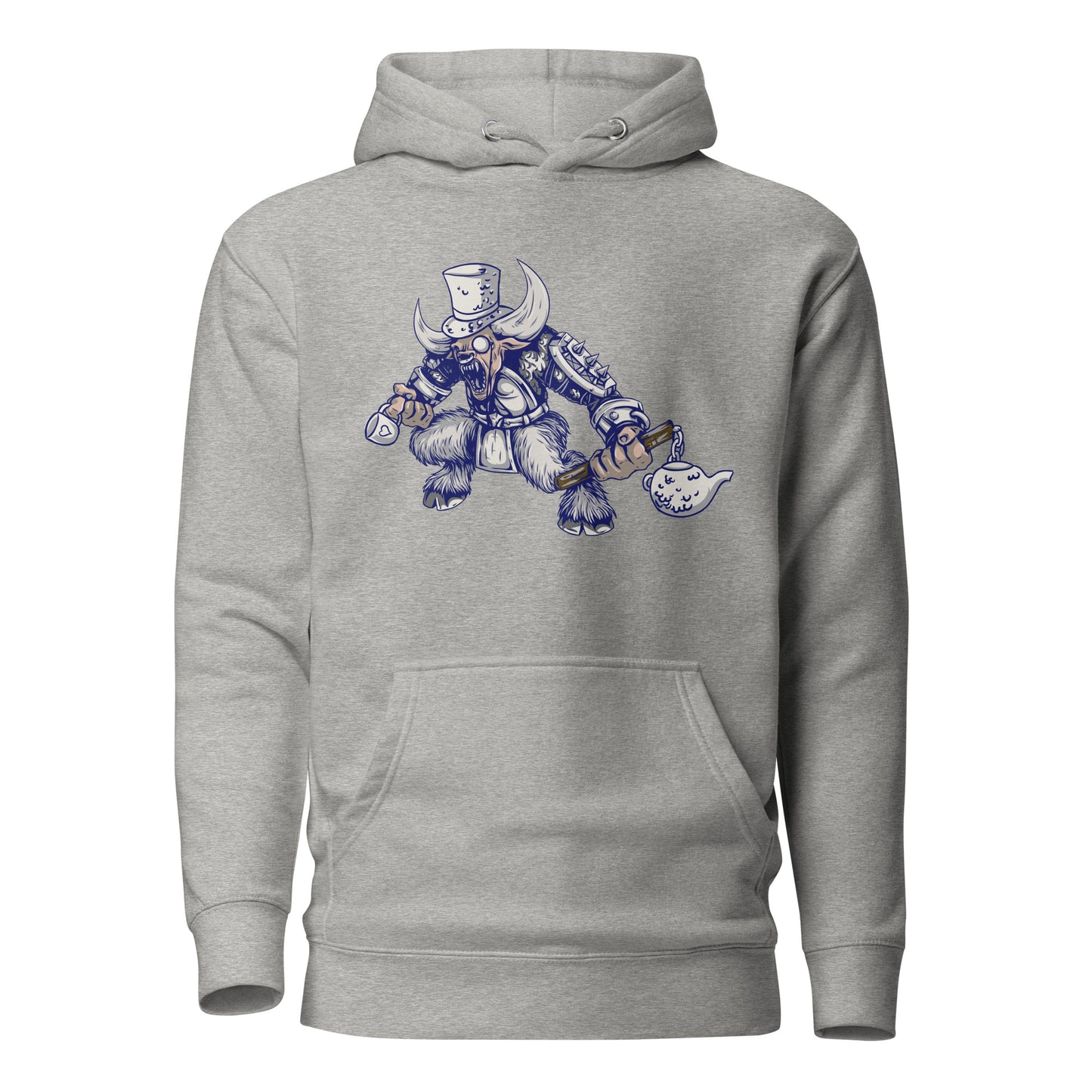 skull tea party titan hoodie featuring an intricate skull design adorned with teacups, teapots, and swirling steam, blending bold artistry with whimsical elegance for a striking and unique look.