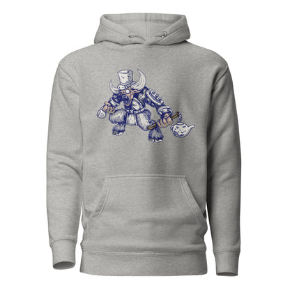 Skull Tea Party Titan Hoodie featuring an intricate skull design adorned with teacups, teapots, and swirling steam, blending bold artistry with whimsical elegance for a striking and unique look.