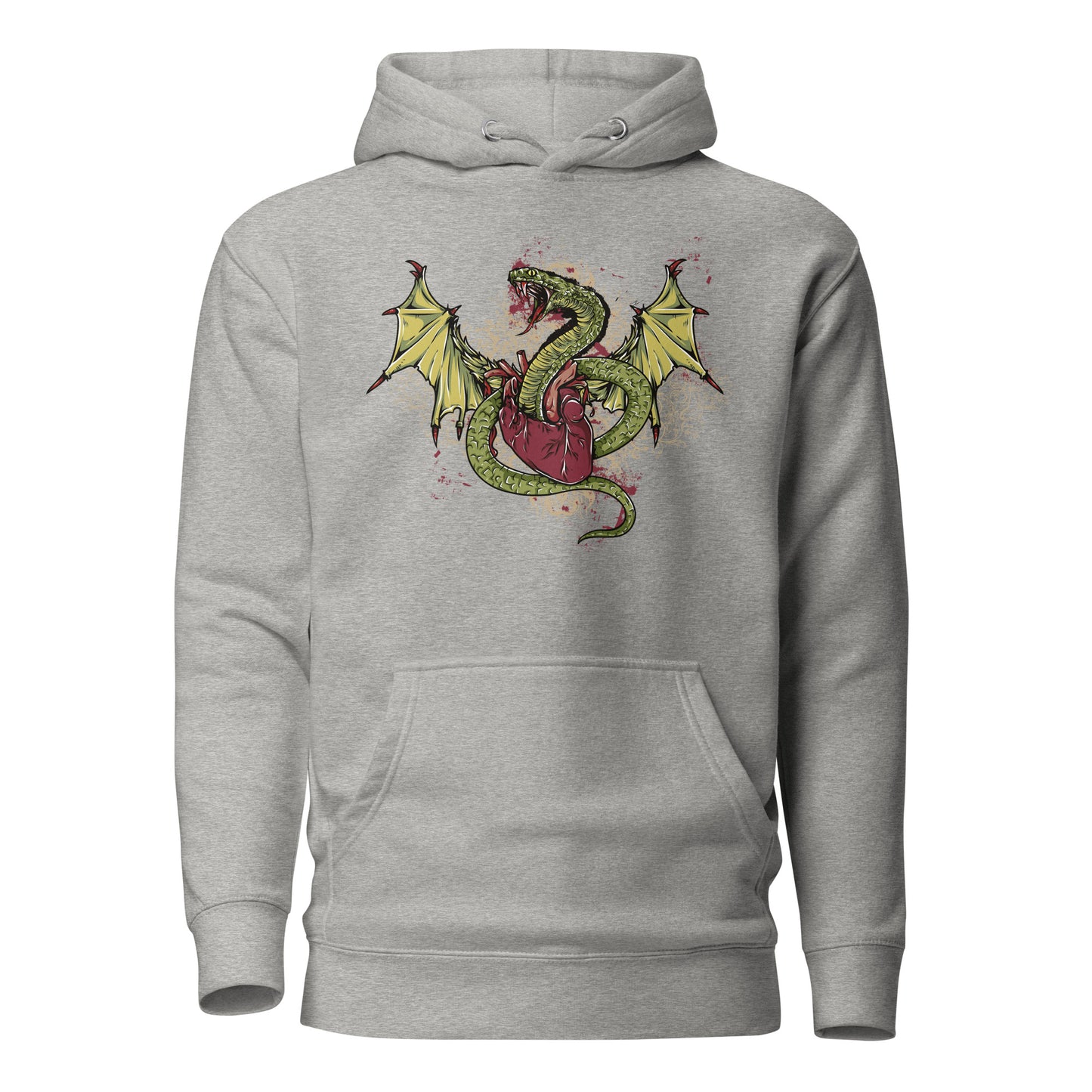 the dragon heart hoodie featuring a vibrant green and yellow dragon entwined around a red heart, symbolizing strength, resilience, and vulnerability. intricate details and floral accents add mysticism and balance, set on soft, premium fabric for comfort and standout style.