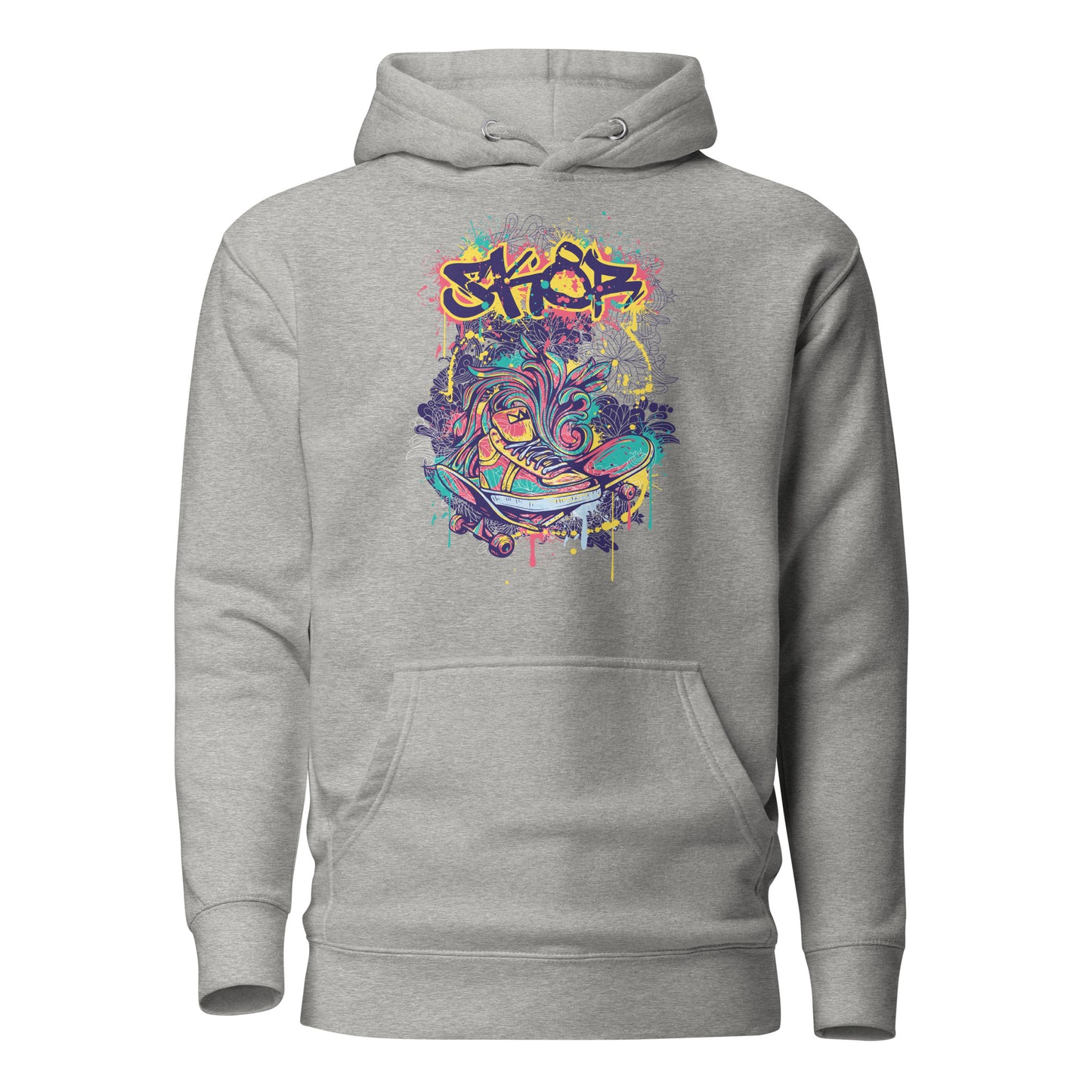 broken skateboard street art pullover hoodie featuring a bold, graffiti-inspired design of a shattered skateboard, blending urban creativity and skate culture with comfort and style.