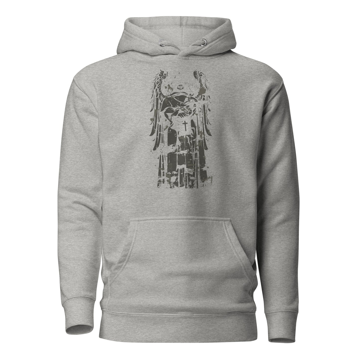 cross scary angel men's hoodie with a sacred angel and cross design on the back, featuring bold and intricate details, perfect for streetwear style.