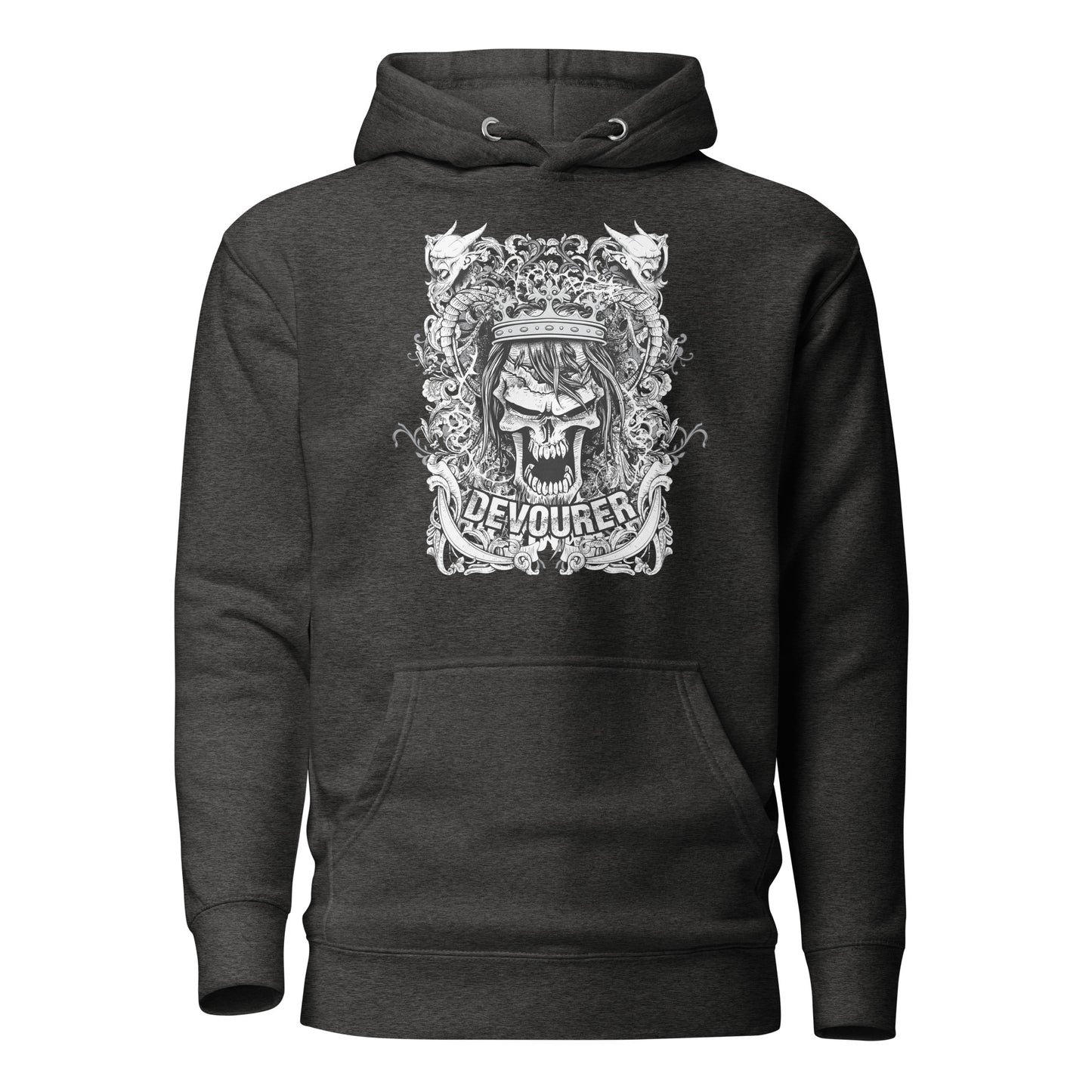 devourer unisex hoodie featuring a bold, intricate graphic design in dark, moody tones, radiating raw energy and confidence, with an oversized hood, roomy front pocket, and comfortable, durable fabric.