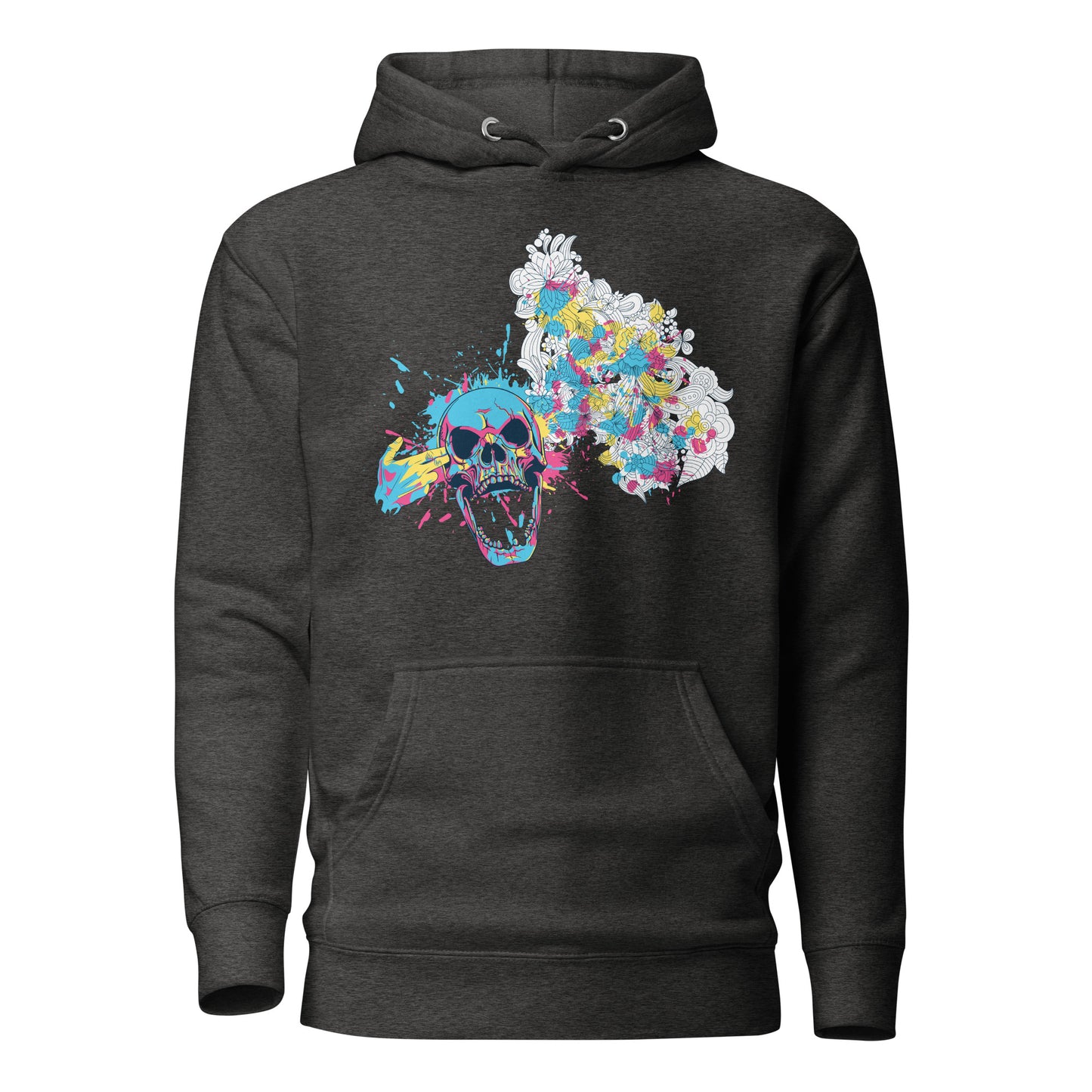 color splash floral skull hoodie featuring a bold skull graphic surrounded by vibrant, colorful flowers, blending edgy design with natural beauty for a unique, eye-catching style.