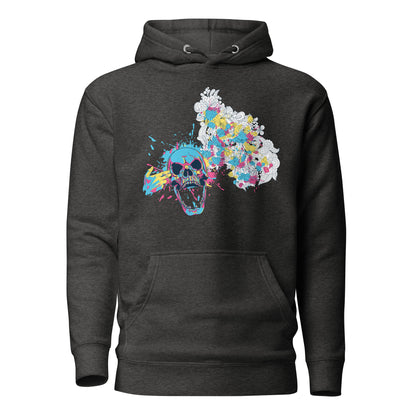 Color Splash Floral Skull Hoodie featuring a bold skull graphic surrounded by vibrant, colorful flowers, blending edgy design with natural beauty for a unique, eye-catching style.