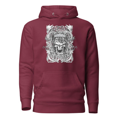 Devourer Unisex Hoodie featuring a bold, intricate graphic design in dark, moody tones, radiating raw energy and confidence, with an oversized hood, roomy front pocket, and comfortable, durable fabric.