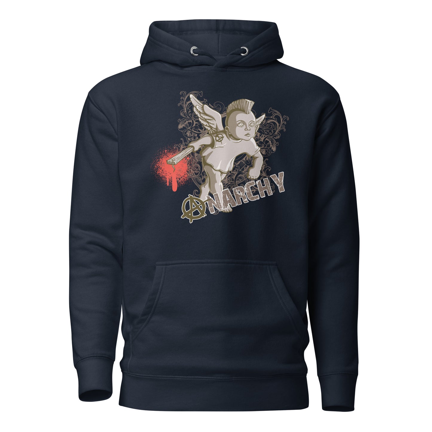 anarchy funk angel men’s hoodie featuring a striking angelic figure infused with anarchic energy, combining celestial grace and bold rebellion with a relaxed fit, spacious kangaroo pocket, and adjustable hood.