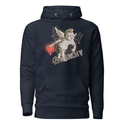 Anarchy Funk Angel Men’s Hoodie featuring a striking angelic figure infused with anarchic energy, combining celestial grace and bold rebellion with a relaxed fit, spacious kangaroo pocket, and adjustable hood.