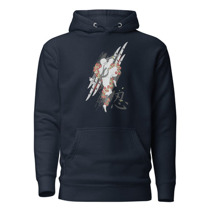 Ninja's Rose Blade unisex hoodie featuring a striking design of a rose intertwined with a razor-sharp blade, blending strength and beauty in a bold, stylish look.