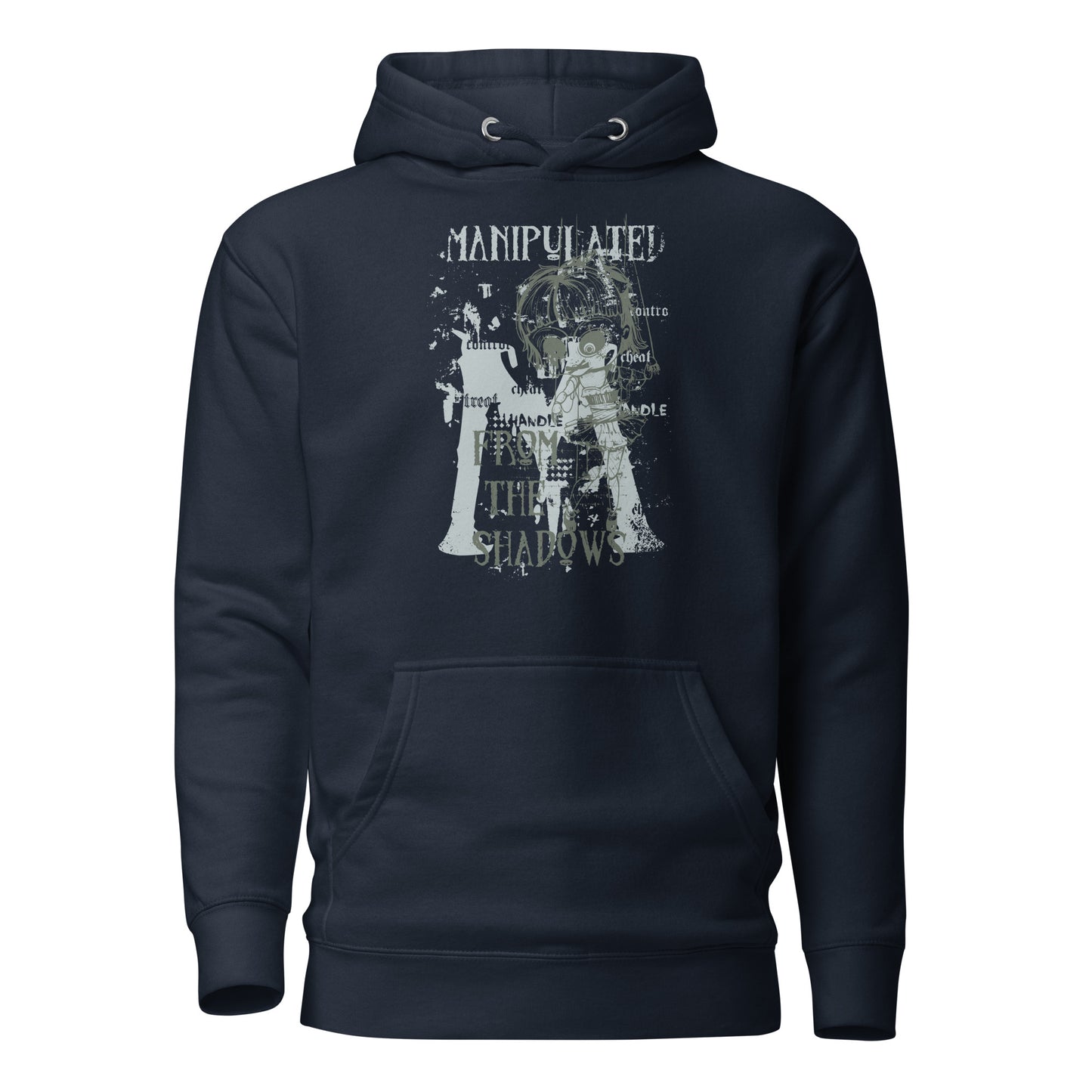 manipulate doll controller men's hoodie featuring a unique design of hands gripping strings, controlling a puppet, symbolizing power and control, perfect for bold, confident style.