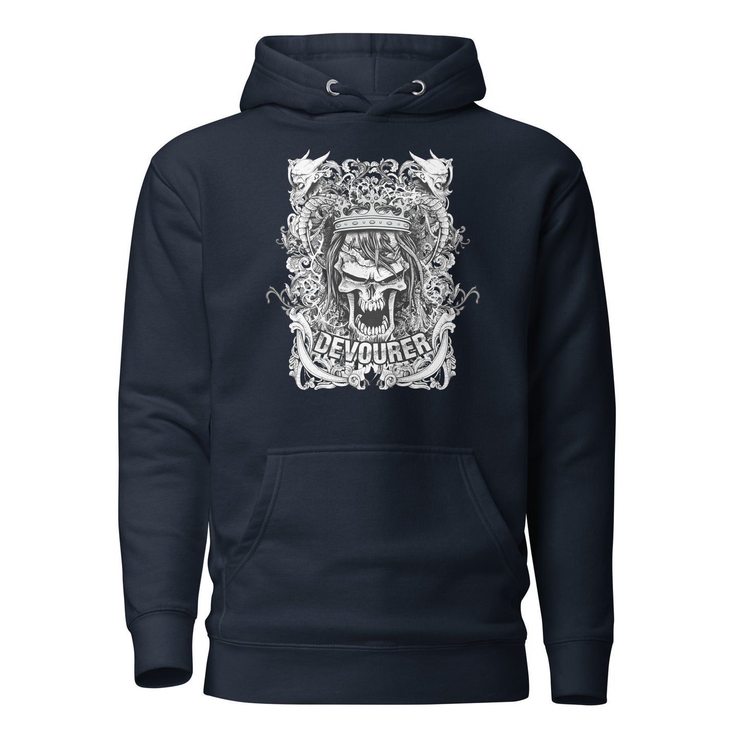 devourer unisex hoodie featuring a bold, intricate graphic design in dark, moody tones, radiating raw energy and confidence, with an oversized hood, roomy front pocket, and comfortable, durable fabric.