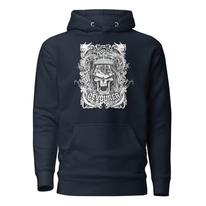 Devourer Unisex Hoodie featuring a bold, intricate graphic design in dark, moody tones, radiating raw energy and confidence, with an oversized hood, roomy front pocket, and comfortable, durable fabric.