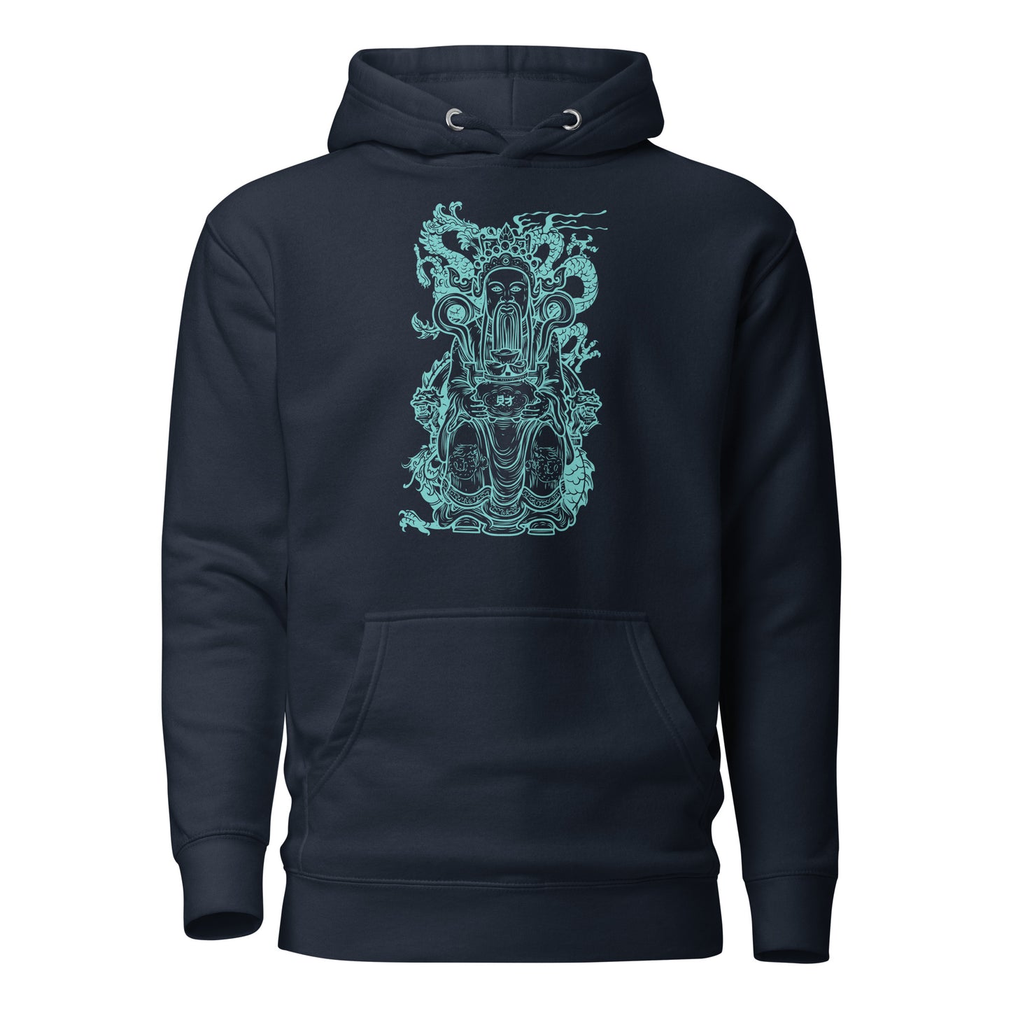 the eastern deity dragon hoodie featuring a glowing aqua design of a serene deity surrounded by a majestic dragon, symbolizing balance, strength, and protection. set against deep black fabric, this intricate hoodie blends mythology-inspired art with soft, durable comfort, making it a bold statement piece.