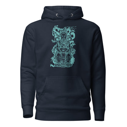 The Eastern Deity Dragon Hoodie featuring a glowing aqua design of a serene deity surrounded by a majestic dragon, symbolizing balance, strength, and protection. Set against deep black fabric, this intricate hoodie blends mythology-inspired art with soft, durable comfort, making it a bold statement piece.