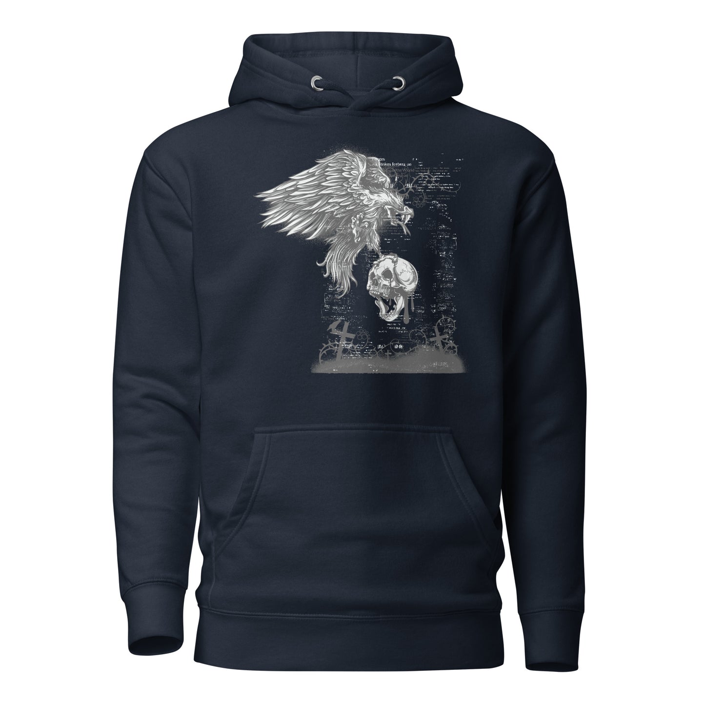 eagle skull death horror unisex hoodie featuring a haunting eagle skull design, intricate artwork, and dark tones, embodying strength, mystique, and individuality with a bold and rebellious style.