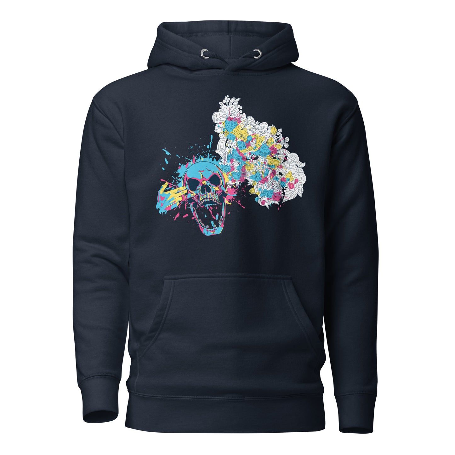 color splash floral skull hoodie featuring a bold skull graphic surrounded by vibrant, colorful flowers, blending edgy design with natural beauty for a unique, eye-catching style.