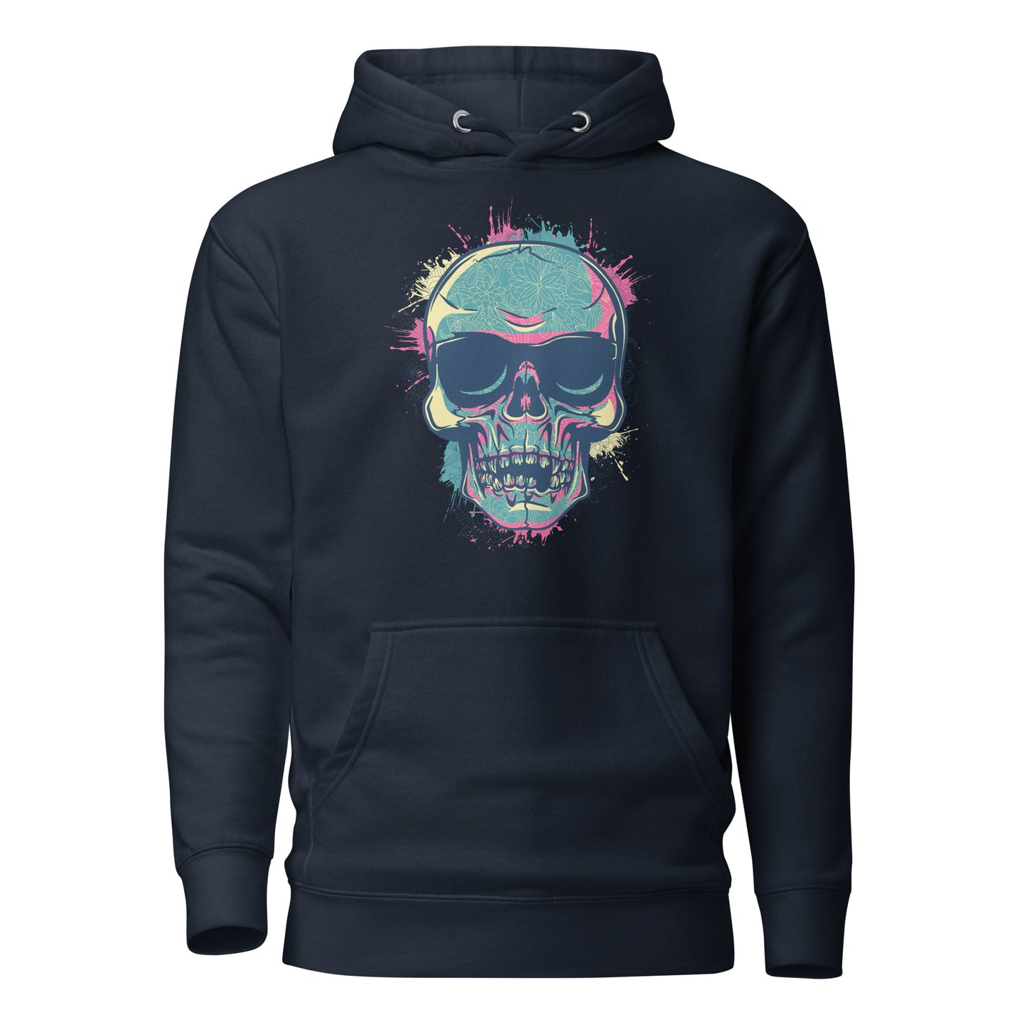 hippie sunglasses skull men’s hoodie featuring a bold skull design with vibrant hippie sunglasses, symbolizing free-spirited individuality and rebellion, crafted for comfort with a spacious hood and front pocket.