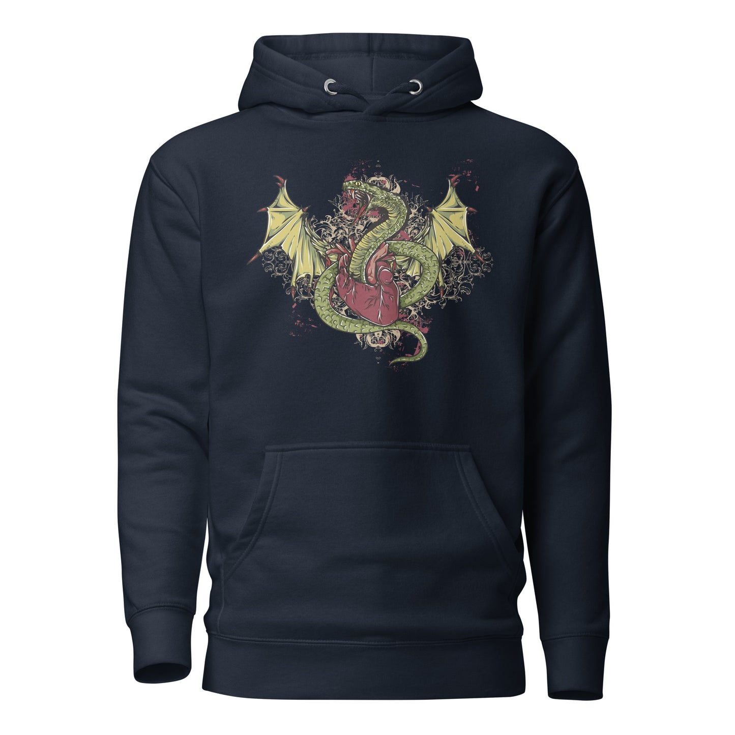 the dragon heart hoodie featuring a vibrant green and yellow dragon entwined around a red heart, symbolizing strength, resilience, and vulnerability. intricate details and floral accents add mysticism and balance, set on soft, premium fabric for comfort and standout style.