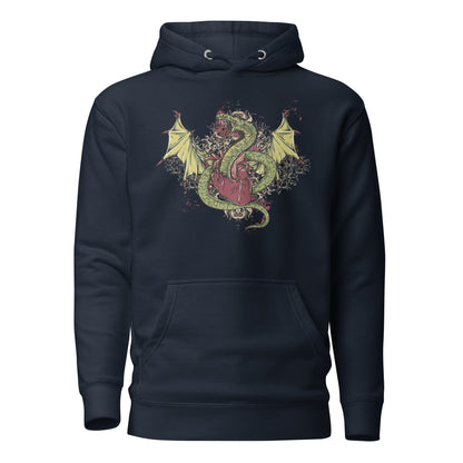 The Dragon Heart Hoodie featuring a vibrant green and yellow dragon entwined around a red heart, symbolizing strength, resilience, and vulnerability. Intricate details and floral accents add mysticism and balance, set on soft, premium fabric for comfort and standout style.