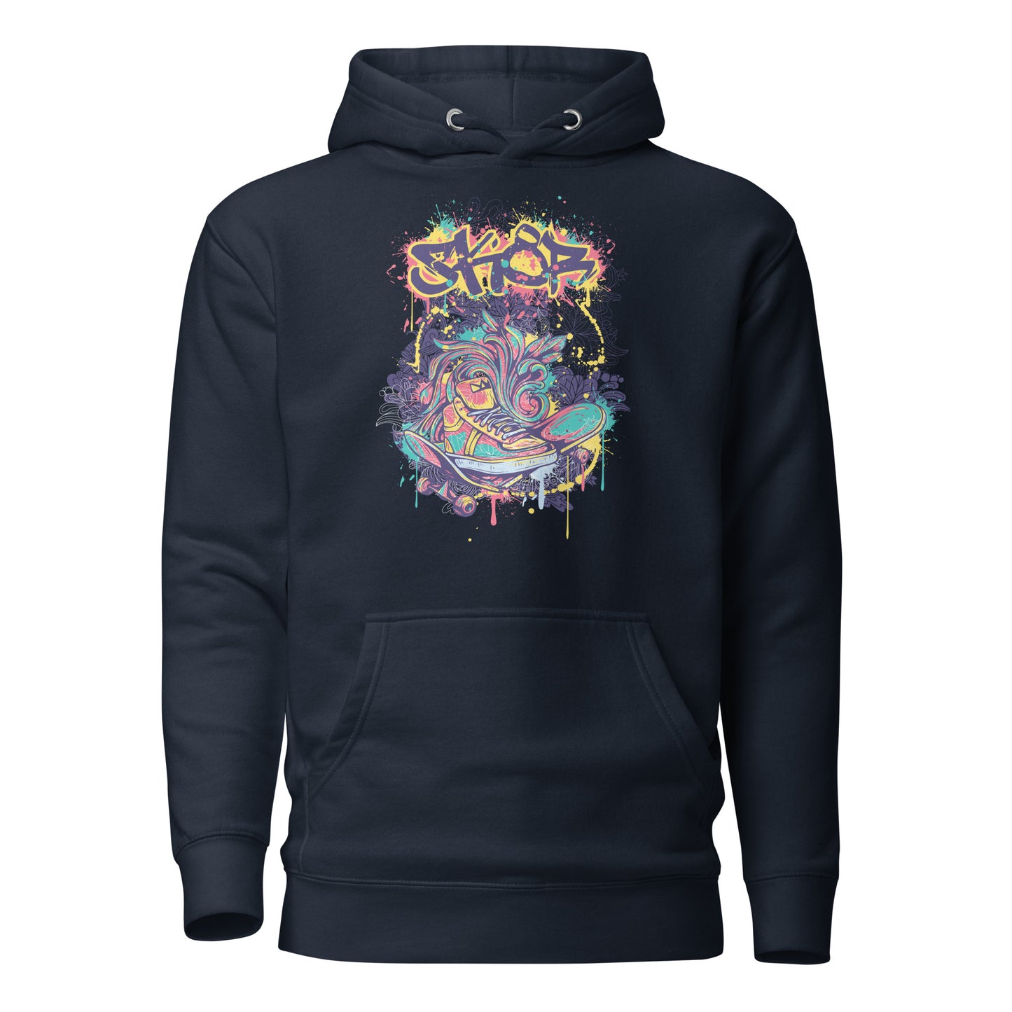 broken skateboard street art pullover hoodie featuring a bold, graffiti-inspired design of a shattered skateboard, blending urban creativity and skate culture with comfort and style.