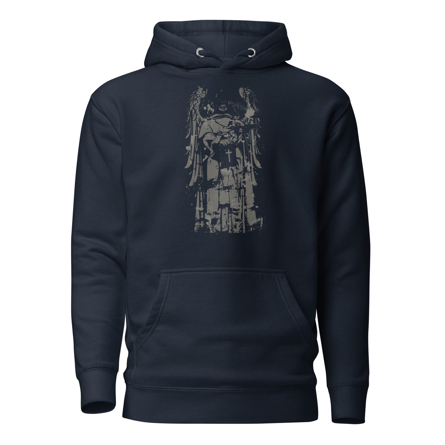 cross scary angel men's hoodie with a sacred angel and cross design on the back, featuring bold and intricate details, perfect for streetwear style.