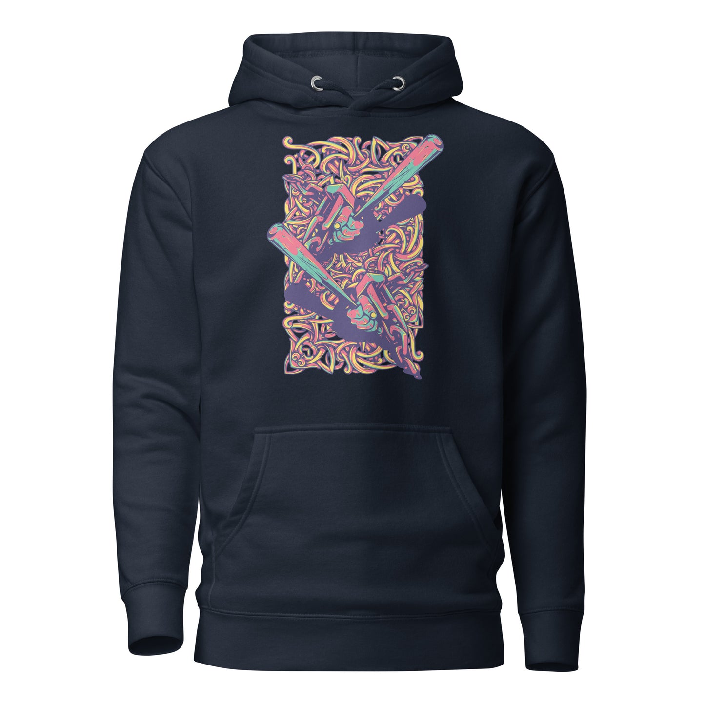 batting bliss unisex hoodie featuring a bold design, spacious kangaroo pocket, and cozy hood, perfect for baseball fans and players, combining comfort and style.