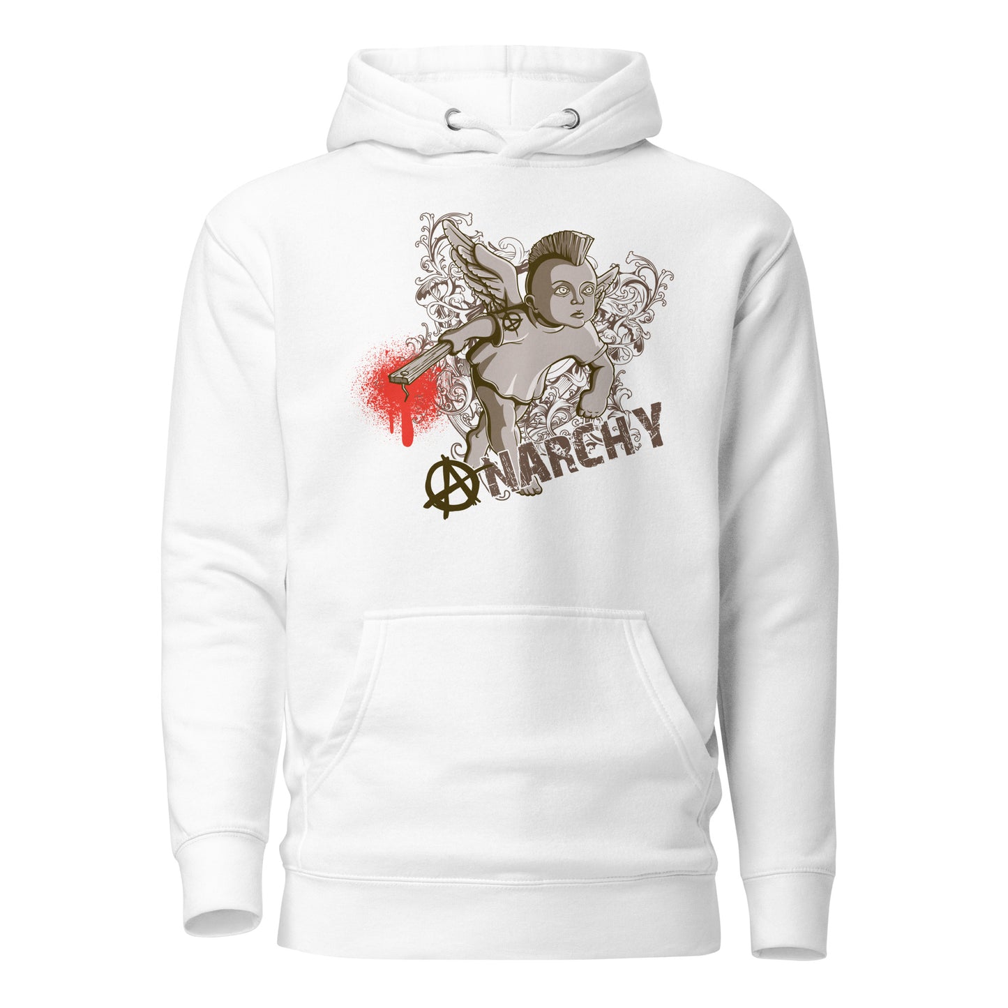 anarchy funk angel men’s hoodie featuring a striking angelic figure infused with anarchic energy, combining celestial grace and bold rebellion with a relaxed fit, spacious kangaroo pocket, and adjustable hood.