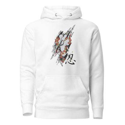 Ninja's Rose Blade unisex hoodie featuring a striking design of a rose intertwined with a razor-sharp blade, blending strength and beauty in a bold, stylish look.