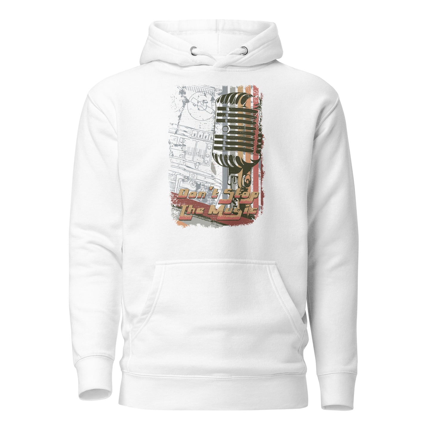 don't stop the music unisex hoodie featuring a bold graphic design with vibrant, dynamic elements, symbolizing energy and passion for music, with a spacious hood, kangaroo pocket, and soft, high-quality fabric.