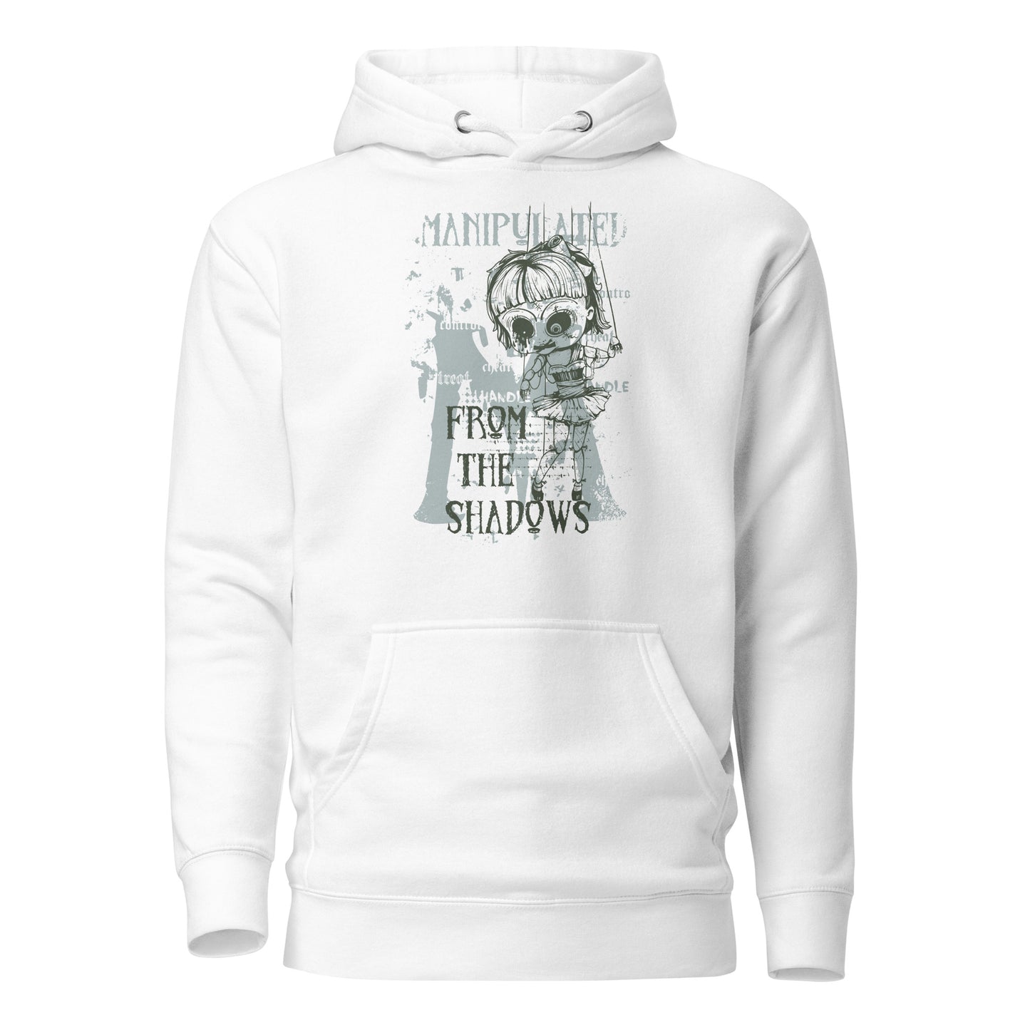 manipulate doll controller men's hoodie featuring a unique design of hands gripping strings, controlling a puppet, symbolizing power and control, perfect for bold, confident style.