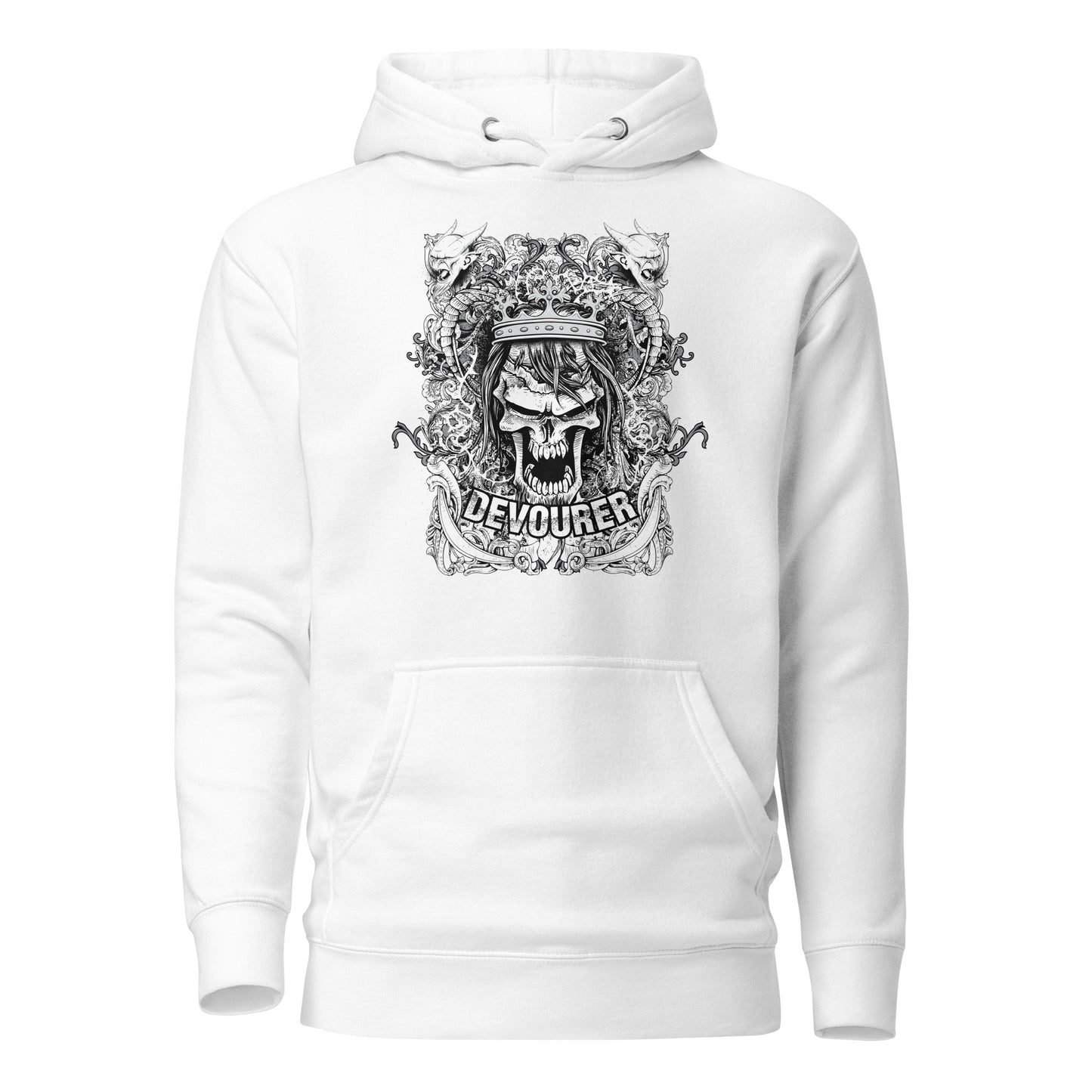 devourer unisex hoodie featuring a bold, intricate graphic design in dark, moody tones, radiating raw energy and confidence, with an oversized hood, roomy front pocket, and comfortable, durable fabric.