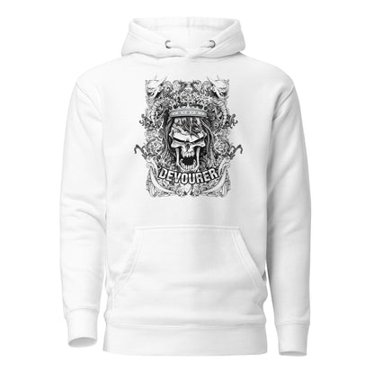 Devourer Unisex Hoodie featuring a bold, intricate graphic design in dark, moody tones, radiating raw energy and confidence, with an oversized hood, roomy front pocket, and comfortable, durable fabric.