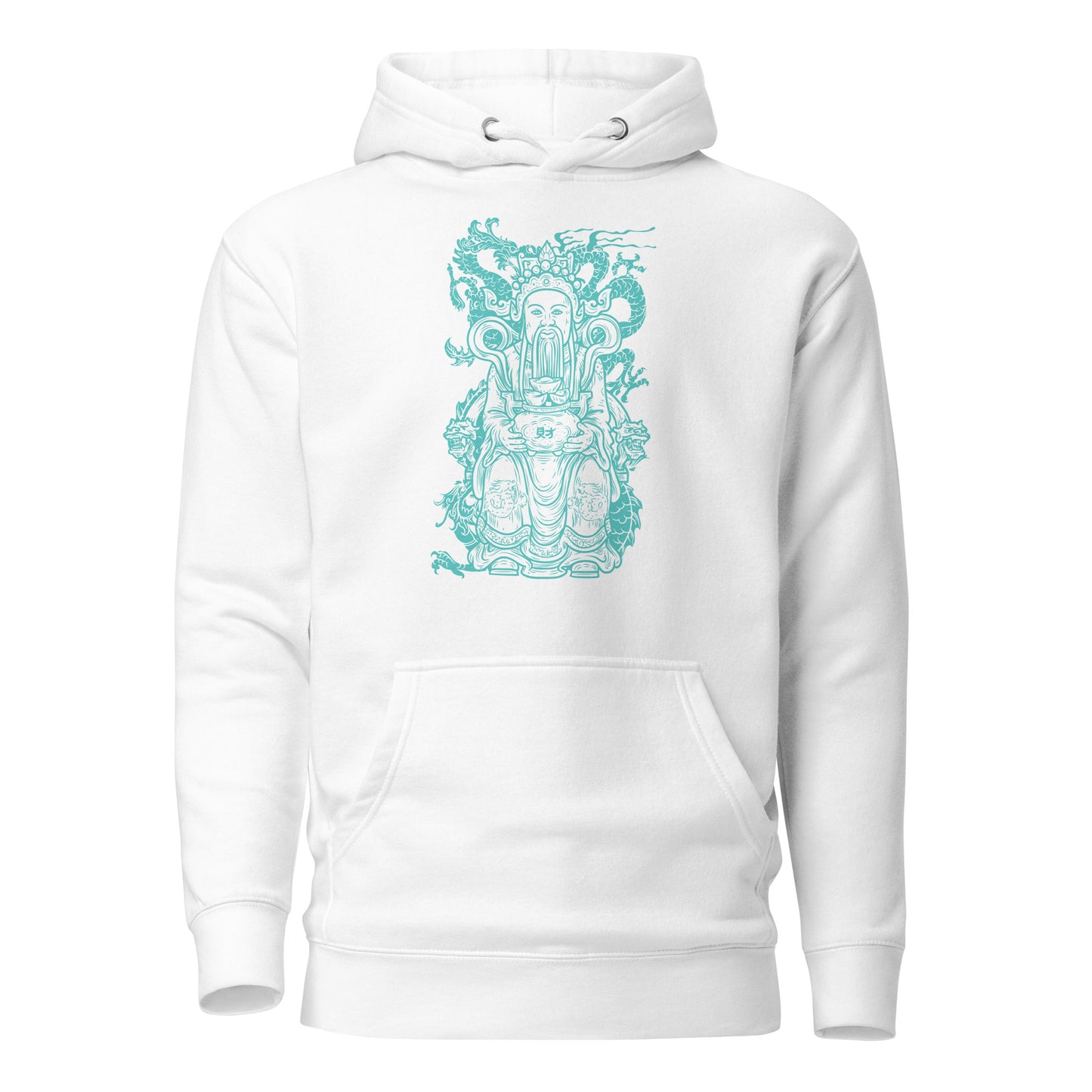 the eastern deity dragon hoodie featuring a glowing aqua design of a serene deity surrounded by a majestic dragon, symbolizing balance, strength, and protection. set against deep black fabric, this intricate hoodie blends mythology-inspired art with soft, durable comfort, making it a bold statement piece.