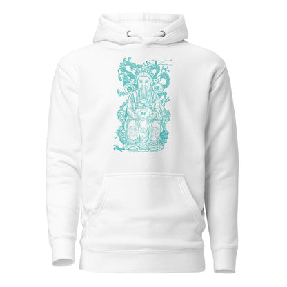 The Eastern Deity Dragon Hoodie featuring a glowing aqua design of a serene deity surrounded by a majestic dragon, symbolizing balance, strength, and protection. Set against deep black fabric, this intricate hoodie blends mythology-inspired art with soft, durable comfort, making it a bold statement piece.