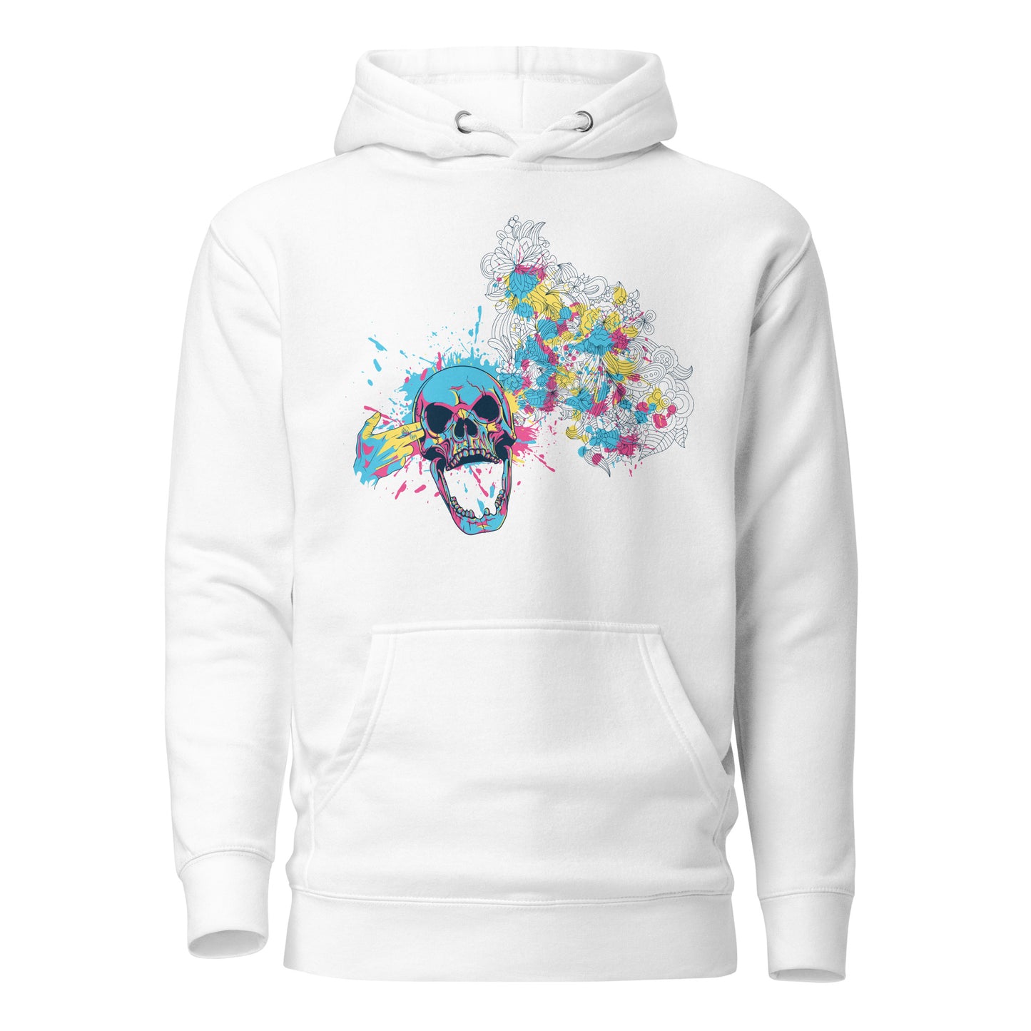 color splash floral skull hoodie featuring a bold skull graphic surrounded by vibrant, colorful flowers, blending edgy design with natural beauty for a unique, eye-catching style.