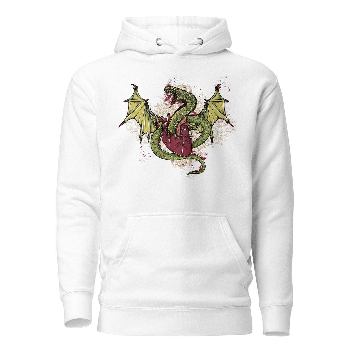 the dragon heart hoodie featuring a vibrant green and yellow dragon entwined around a red heart, symbolizing strength, resilience, and vulnerability. intricate details and floral accents add mysticism and balance, set on soft, premium fabric for comfort and standout style.