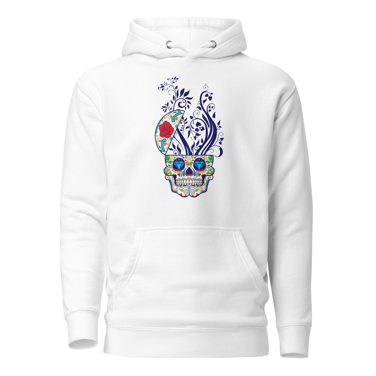 a sophisticated floral skull reverie unisex hoodie featuring a detailed skull adorned with blooming florals. this premium hoodie combines soft-touch fabric with a striking design, offering comfort and style. perfect for those who embrace elegance and edge in their fashion.