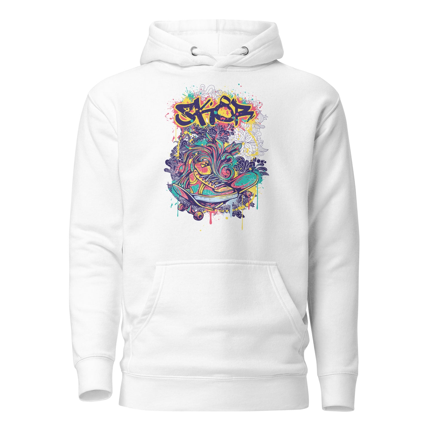 broken skateboard street art pullover hoodie featuring a bold, graffiti-inspired design of a shattered skateboard, blending urban creativity and skate culture with comfort and style.