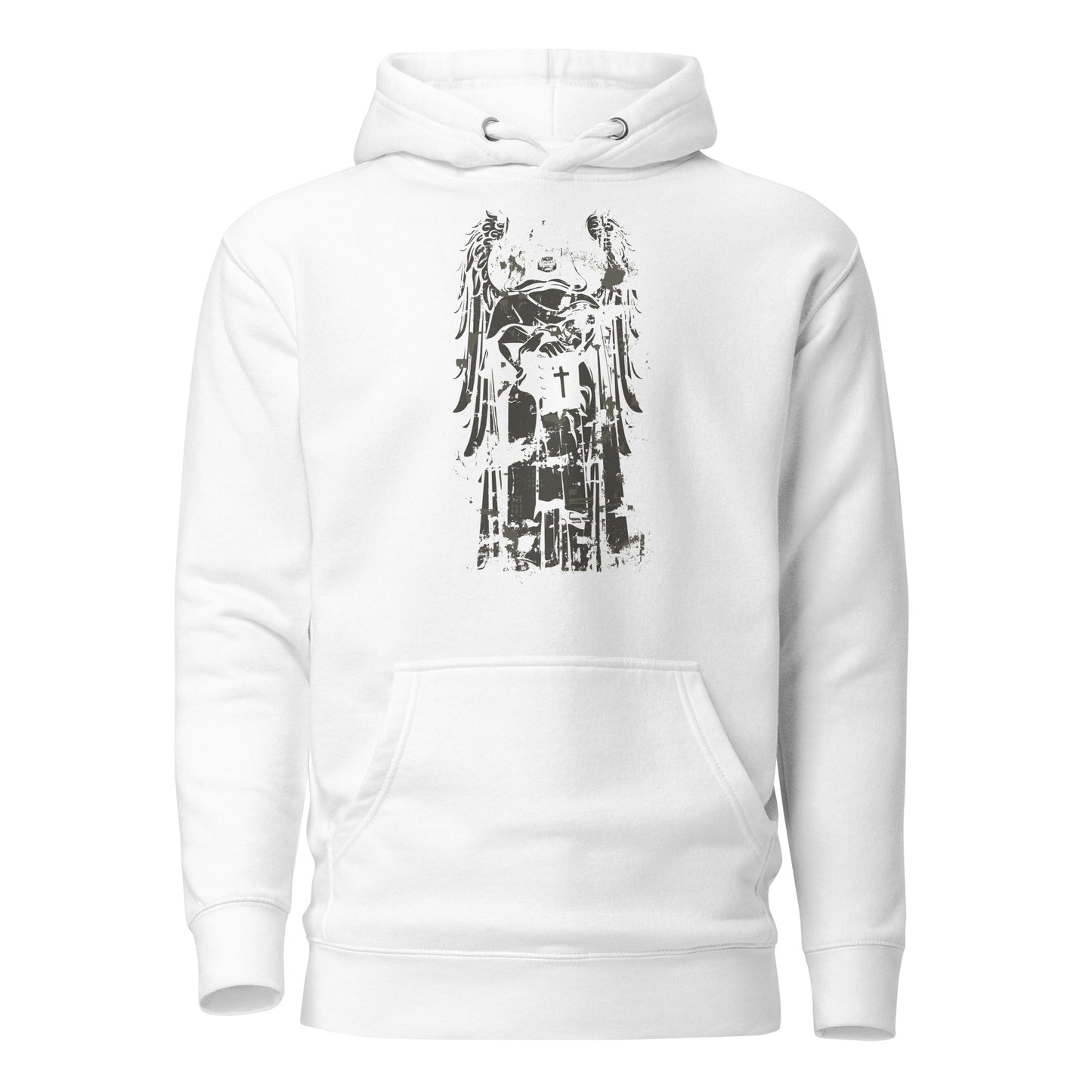 cross scary angel men's hoodie with a sacred angel and cross design on the back, featuring bold and intricate details, perfect for streetwear style.